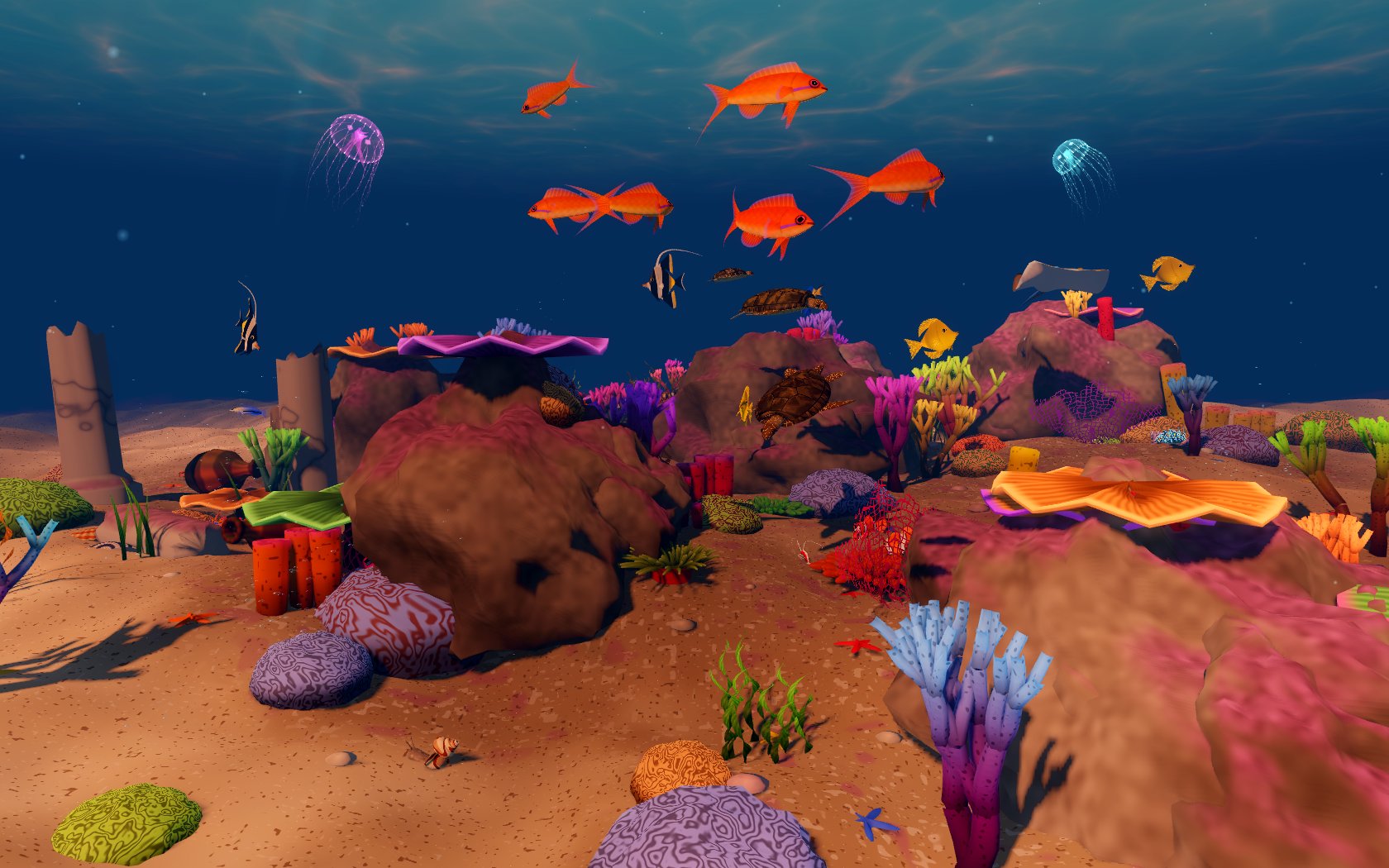 A small Aquarelle reef with turtles and colourful fish above corals and rocks