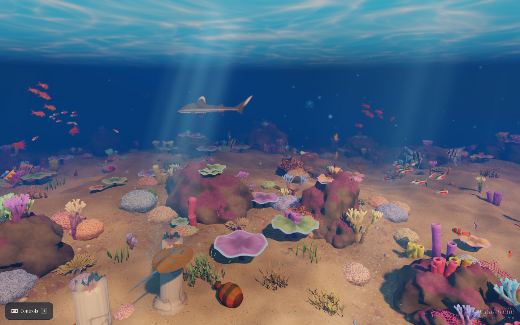 Aquarelle reef in sunbeams under a rippling surface, with a shark overhead, a blue-spotted stingray beside broken stone columns and a striped jar, and schools of red fish, angelfish and a clownfish among colourful corals