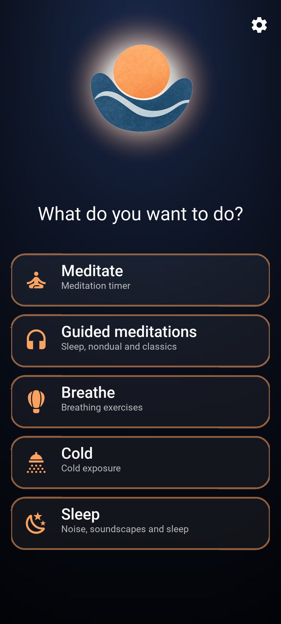 Bellow main menu with Meditate, Guided meditations, Breathe, Cold and Sleep