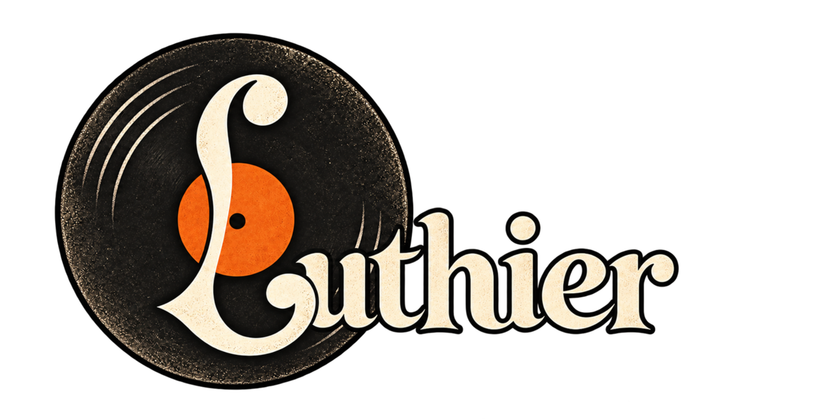 Luthier wordmark: a vinyl record behind a stylised capital L, next to the name in serif type